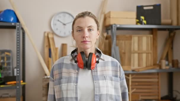 Uma Mulher Loira Focada Prepara Para Carpintaria Usando Óculos Segurança — Vídeo de Stock