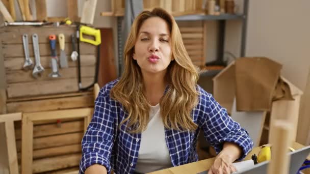 Vacker Latinamerikansk Kvinna Sitter Vid Ett Snickarbord Lekfullt Blåser Kyss — Stockvideo