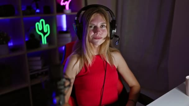 迷人的年轻女子 晚上带着耳机在霓虹灯照明的家庭游戏室里微笑 — 图库视频影像