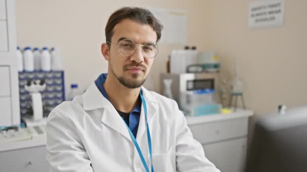 Schöner Hispanischer Wissenschaftler Lächelt Einem Labor Mit Brille Und Labormantel — Stockvideo