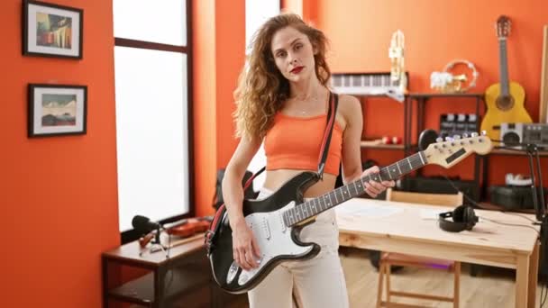 Молодая Женщина Играет Гитаре Красочной Музыкальной Студии Излучая Стиль Уверенность — стоковое видео