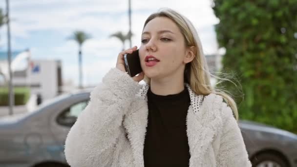 ふわふわのジャケットに集中した若い女性は 街の歩道に立っている間 スマートフォンで話します — ストック動画