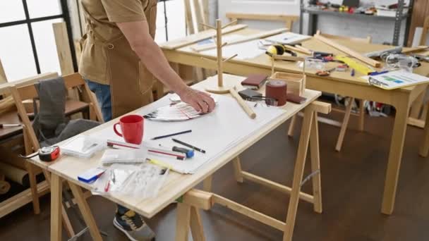 Hombre Mayor Estudio Carpintería Examina Diseños Mientras Está Una Llamada — Vídeos de Stock