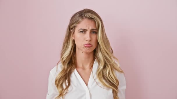 ピンクで怒った若い女性 ストレス うつ病 怒りに対するブロンドの悲しい戦い — ストック動画