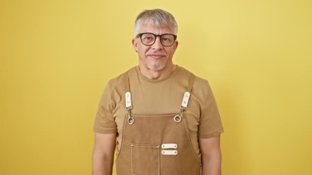 Meia Idade Alegre Homem Cabelos Grisalhos Usando Óculos Avental Irradiando — Vídeo de Stock