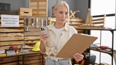 Genç ve çekici sarışın kadın marangoz, akıllı telefonundaki kritik iş belgelerini okumaya dalmış, iç mekan marangozluğu atölyesinde duruyor.