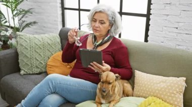 Gri saçlı gülümseyen bir kadın küçük bir köpekle koltukta oturuyor, rahat bir oturma odasında tabletten kitap okuyor..