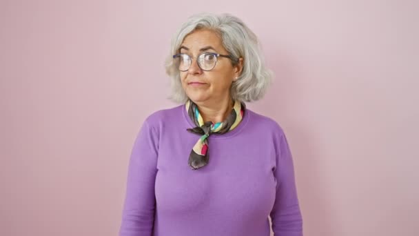 自信を持った中年の女性 灰色の髪とメガネを身に着けている女性は ピンクの孤立した背景の上にイタリアの手のジェスチャーを積極的に実行しています — ストック動画