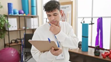 Düşünceli genç Arap adam, elleri çenesinde, fizyoterapi kliniğinde kafa karıştırıcı fikirlerle şaşkına dönmüş. Cidden şu soruyu göz önünde bulundurursak, elimizdeki panoda, düşünceli ama düşünceli..