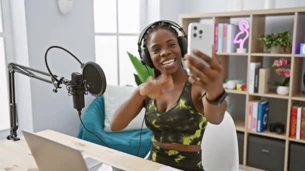 Smiling Woman Braids Radio Studio Taking Selfie While Making Muscle — Stock Video
