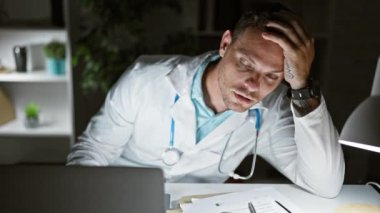 Steteskoplu beyaz laboratuar önlüklü yorgun erkek doktor geç saatlere kadar hastanede dizüstü bilgisayar kullanarak çalışıyor..