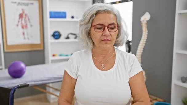Dojrzała Kobieta Bada Ból Łokcia Klinice Fizjoterapii Pokazując Opiekę Zdrowotną — Wideo stockowe