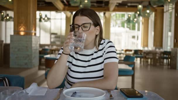 Mulher Adulta Copos Água Potável Restaurante Moderno Representando Lazer Jantar — Vídeo de Stock
