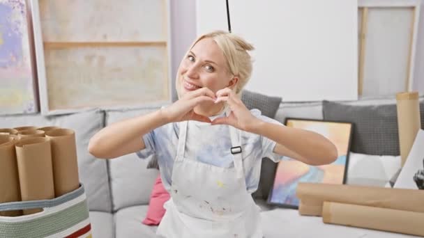앞치마에 매력적인 금발의 여자는 손으로 상징을 보여줍니다 아늑한 스튜디오에서 사랑과 — 비디오
