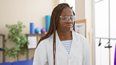 Üniformalı neşeli Afro-Amerikan kadın terapist, güvenle başparmağını laboratuvara doğrultuyor, ağzını açıyor ve neşeyle ışıldıyor.