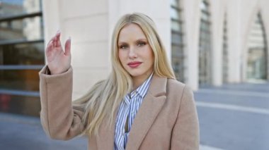 Şık sarışın kadın güneşli bir şehir sokağında bej bir ceketle güven içinde poz veriyor..