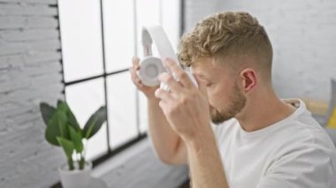 Genç beyaz sakallı adam modern bir yatak odasında beyaz kulaklıkla müzik dinliyor.