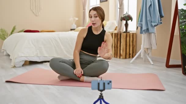Une Jeune Femme Enregistre Une Séance Yoga Sur Son Smartphone — Video