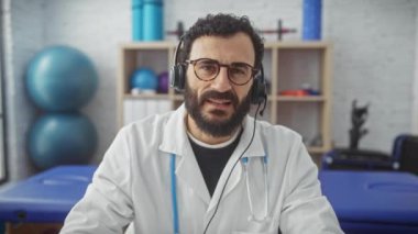 Klinikte sakallı, kulaklık takan ve laboratuvar önlüğü takan orta yaşlı bir adam..