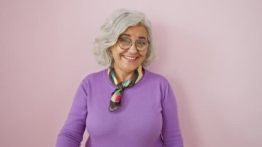 Orta yaşlı, gri saçlı, gözlüklü, el hareketleriyle gülümseyen, mutlu yüzüyle parmaklarının arasından bakan bir kadın. izole edilmiş pembe arkaplan