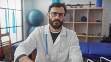 Beyaz önlüklü sakallı bir erkek doktor klinikte egzersiz malzemeleriyle hayır işareti yapıyor..