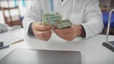 Laboratuvar önlüklü orta yaşlı sakallı adam klinikte birleşik Arap Emirlikleri çetelerini sayıyor.