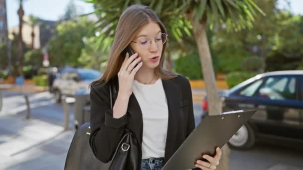 Konzentrierte Frau Businesskleidung Multitasking Mit Telefon Und Klemmbrett Auf Einer — Stockvideo