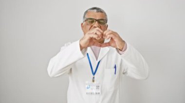 Üniformalı neşeli orta yaşlı latin bilim adamı. Gri saçlı, kalp şeklindeki bir adama elleriyle vuruyor. Romantik bir konsept için aşk sembolü, izole beyaz arka planda poz.