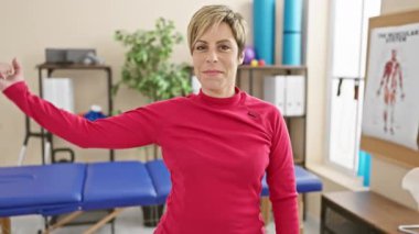 Genç İspanyol kadın klinik rehabilitasyon odasında kaslarını kasıyor..