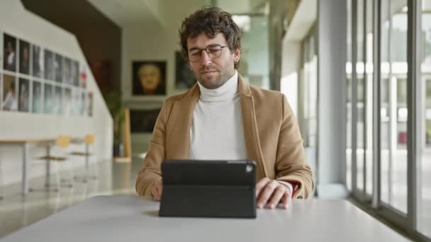 남자는 사무실에 베이지색 코트와 거북이를 닫힌된 눈으로 음악을 즐긴다 — 비디오
