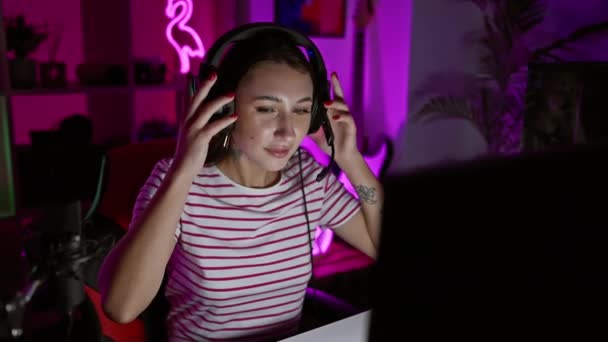 Zaostřená Žena Nošení Sluchátek Používá Počítač Neonové Herně Noci — Stock video