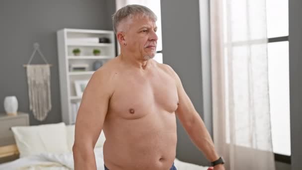 Senior Man Works Out Dumbbells Modern Bedroom Maintaining Fitness Health — Stock Video