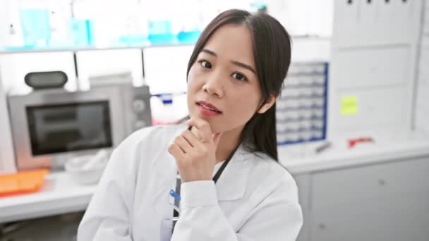 カメラで微笑む美しく自信のある若い中国人女性科学者は 彼女の研究室でポジティブな思考で深く 中国と腕を渡りました — ストック動画