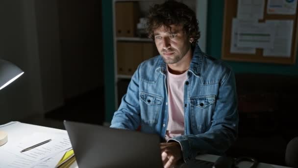 Handsome Man Relaxing Office Nighttime Feeling Content His Laptop Paperwork — Stock Video