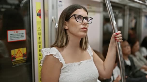Krásná Hispánská Žena Brýlemi Čekající Uprostřed Tranzitu Metrem Městský Městský — Stock video