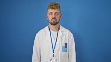 Mavi gözlü, sakallı, labaratuvar önlüklü, mavi duvarın karşısında duran, kendine güveni ve profesyonelliğini resmeden beyaz bir genç..