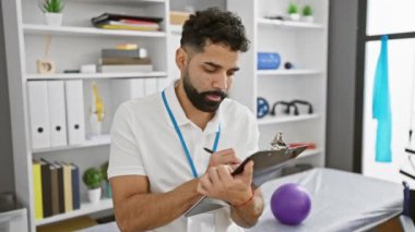 Rehabilitasyon kliniğinde terapist olarak çalışan yakışıklı, sakallı adam kameraya gülümsüyor..