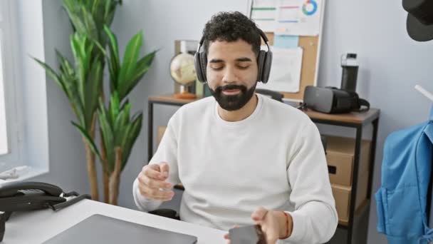 Cheerful Young Hispanic Man Beard Enjoys Dancing While Working Modern — Stock Video