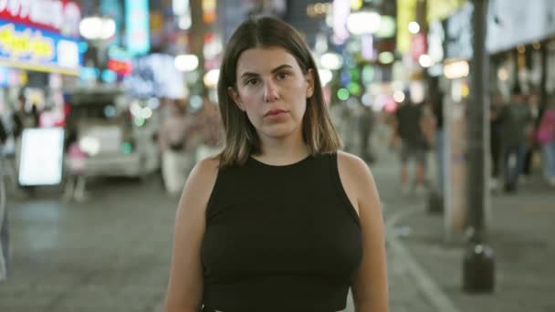 Vážný Výraz Krásné Hispánské Ženy Zachycený Městském Portrétu Stojící Silných — Stock video