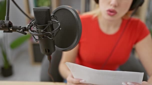 Eine Fokussierte Blonde Frau Roten Hemd Liest Einem Radiostudio Ein — Stockvideo