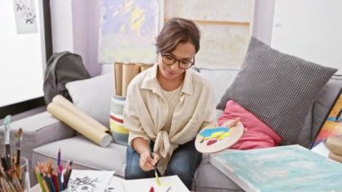 Stüdyodaki koltukta güzel bir şekilde oturan, elleri göğsünde gülümseyen genç İspanyol bir sanatçı.