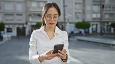 Gözlüklü, gülümseyen Asyalı bir kadın elinde telefonla güneşli bir caddede duruyor..