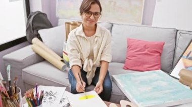 Neşeli, genç İspanyol sanatçı kanepede dinleniyor, rahat stüdyosunda dişlek bir gülümseme sergiliyor, pozitif titreşimler yayıyor ve kendine güvenen bir ruh veriyor.