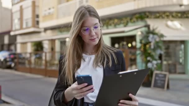 Gözlüklü Beyaz Kadın Akıllı Telefon Kullanıyor Işlek Bir Şehir Sokağında — Stok video