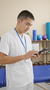 Önlüklü, gülümseyen İspanyol bir adam, bir klinikte, modern sağlık ve teknoloji tasvir eden bir tablet kullanıyor..