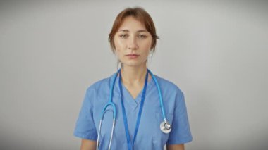 Pozitif görünüşlü beyaz bir kadın kendinden emin, dişlek bir gülümseme sergiliyor, steteskop takıyor, beyaz bir arka planda tek başına duruyor.