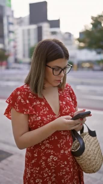 Gyönyörű Spanyol Lány Szemüveggel Egy Tech Hozzáértő Utazó Használja Telefon — Stock videók