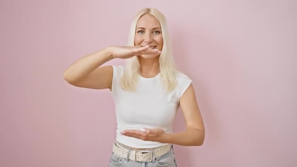 Joyeux Jeune Femme Blonde Montrant Énorme Geste Avec Les Mains — Video