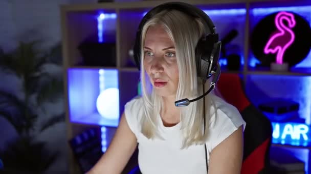 沮丧的金发女人皱着眉头 一个持怀疑态度的消极游戏玩家在黑暗的房间里紧张地面对着电脑游戏的问题 — 图库视频影像