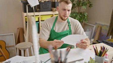 Yeşil önlüklü, odaklanmış sakallı adam bir sanat stüdyosunda kağıt inceliyor.